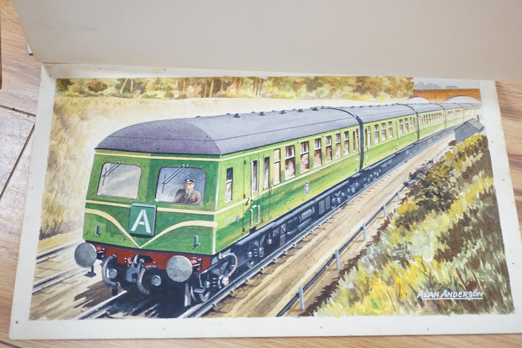 Alan Anderson, set of four original watercolours for postcard designs, Locomotives comprising ‘Royal Scot, LMS Railway’, ‘BR Class 31 No. 5505’, ‘Class D600 Active’ and ‘Western Region Diesel, British Railways’, each sig